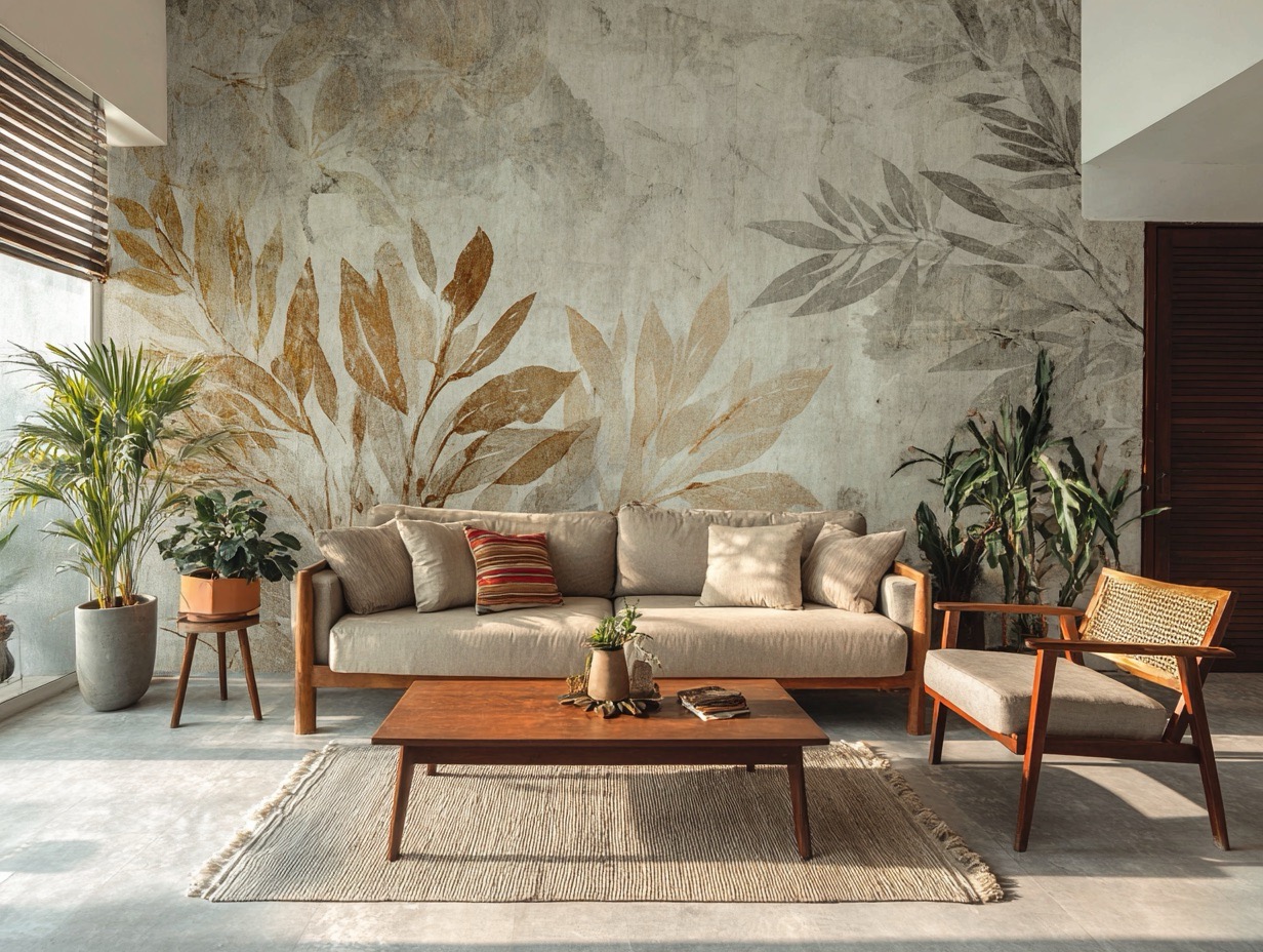 Sala moderna con mural botánico de hojas secas – fotomural decorativo estilo natural para living