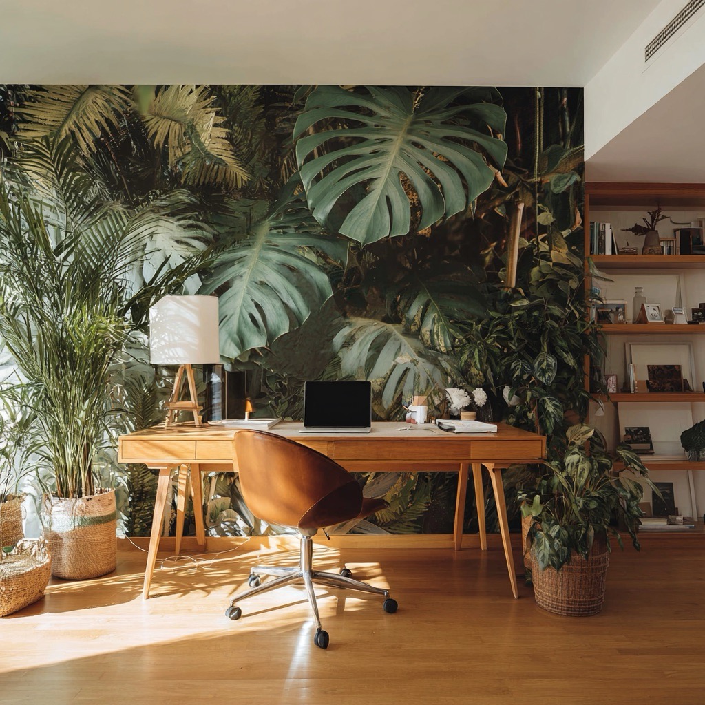 Oficina en casa con fotomural de selva tropical monstera – papel tapiz verde para home office