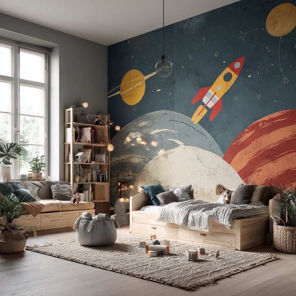 Cuarto infantil mágico con mural del espacio y cohetes – fotomurales creativos para habitaciones de niños