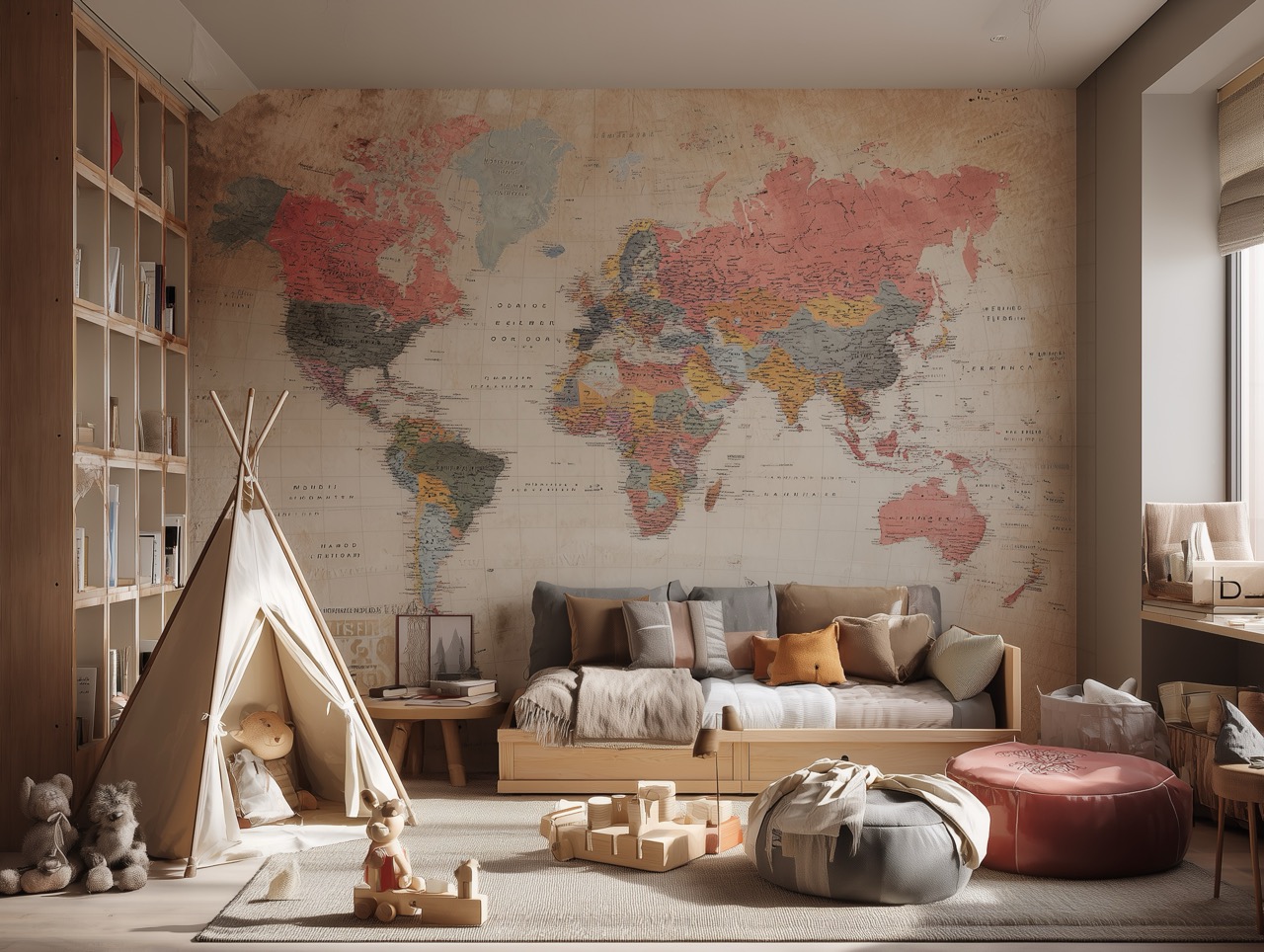 Habitación infantil con mural educativo de mapa del mundo – fotomurales para cuartos de niños en México