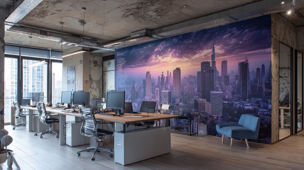 Oficina creativa con fotomural panorámico de ciudad al atardecer – decoración mural corporativa