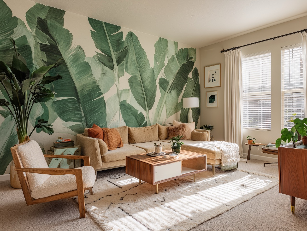 Sala familiar con mural tropical de hojas de plátano – fotomural decorativo estilo jungle para interiores
